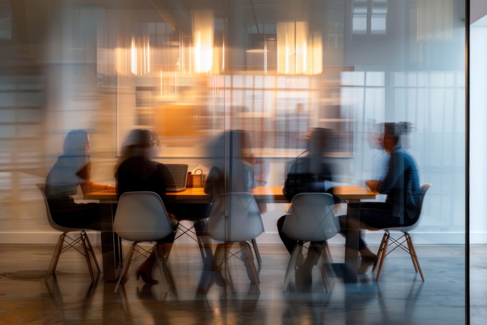 A team working together in a glass-walled meeting room at golden hour