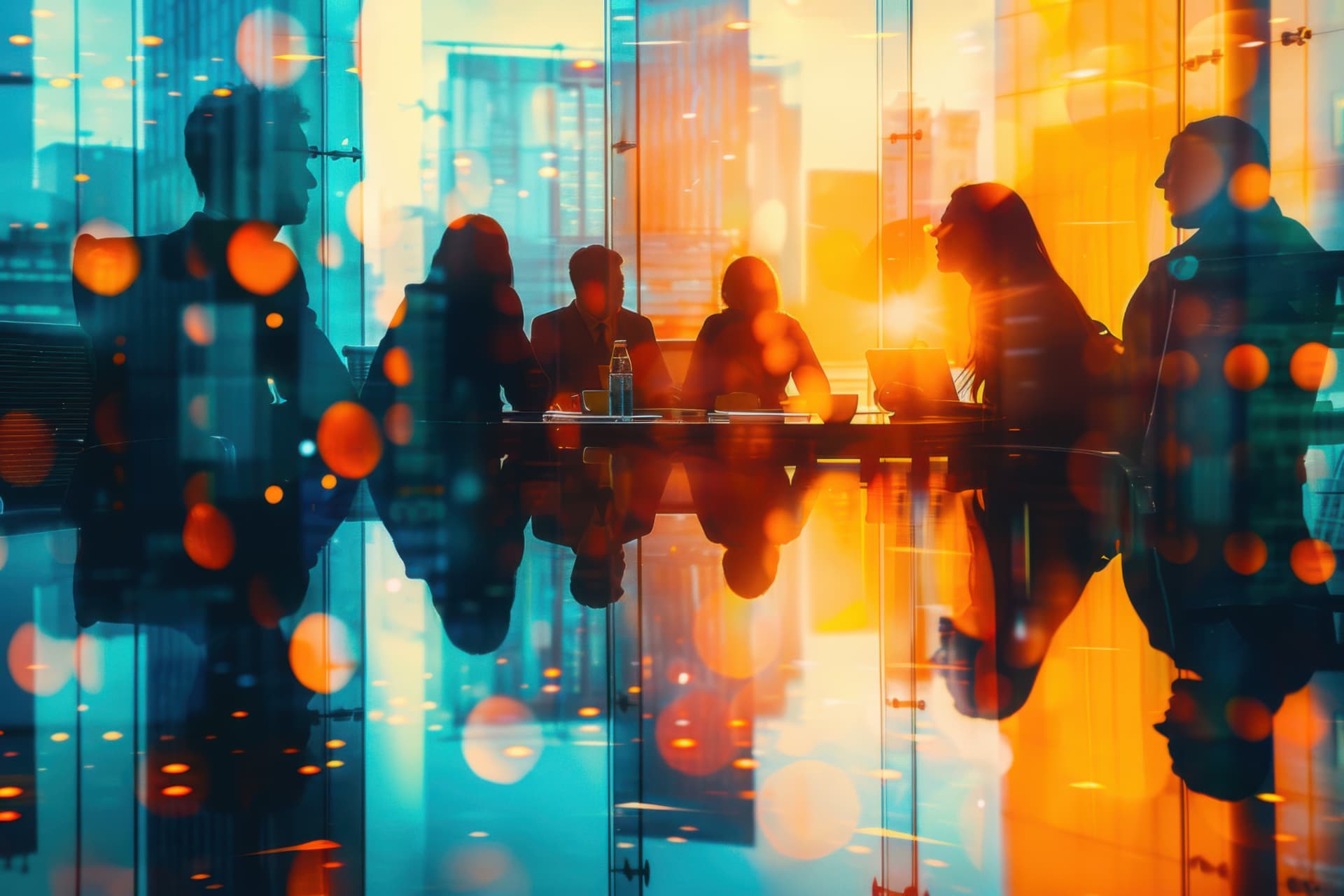 A marketing team meeting around a boardroom table at golden hour